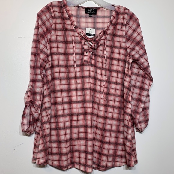 NWT Pink plaid open tie neck button sleeve shirt‎ - Picture 1 of 6